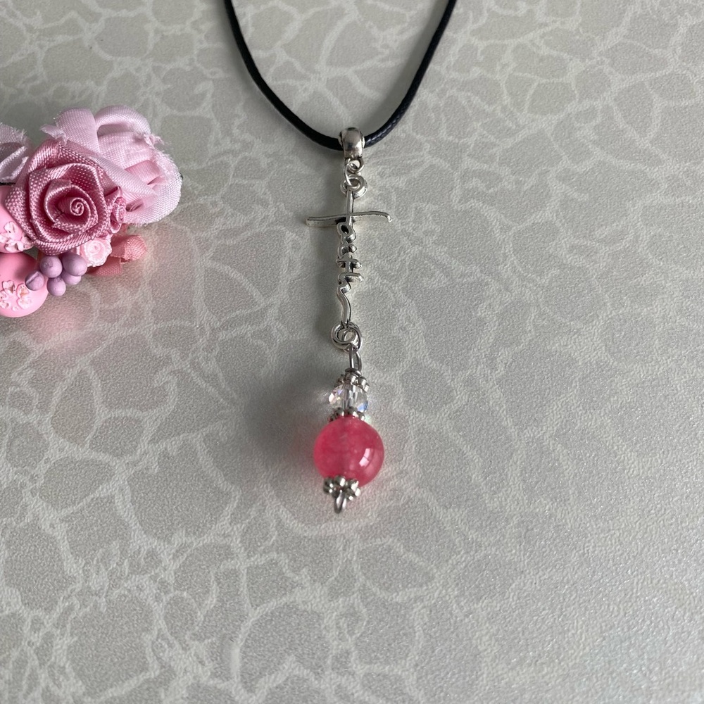 Pink Jade Bead Faith Pendant Necklace with Silver Accents